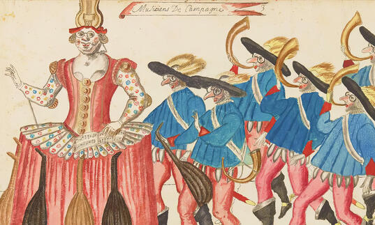 15th century costume design illustration by Daniel Rabel, created for the court ballets of Louis XIII. This illustration depicts the Fairy of Music and her entourage of musicians. 